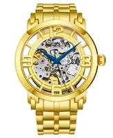 Stuhrling Stainless Steel Gold Tone Case on Stainless Steel Link Bracelet, Gold Tone Dial, with Blue Accents