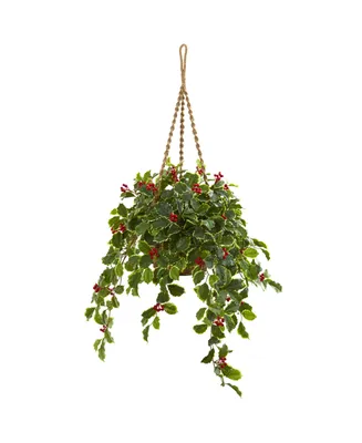 Nearly Natural 40" Variegated Holly with Berries Artificial Plant in Hanging Basket (Real Touch)