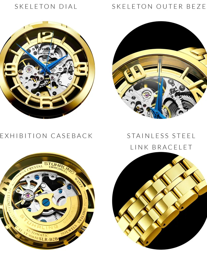 Stuhrling Stainless Steel Gold Tone Case on Stainless Steel Link Bracelet, Gold Tone Dial, with Blue Accents