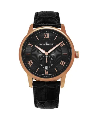 Alexander Watch A102-04, Stainless Steel Rose Gold Tone Case on Black Embossed Genuine Leather Strap