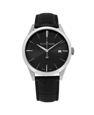 Alexander Watch A911-01, Stainless Steel Case on Black Embossed Genuine Leather Strap