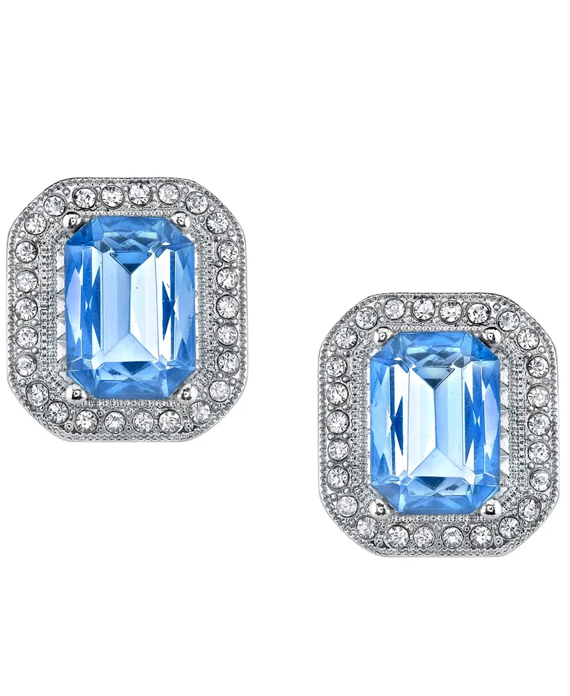 2028 Silver-Tone Lt. Sapphire Blue with Crystal Octagon Button Earrings