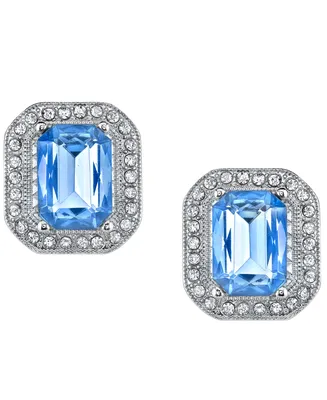2028 Silver-Tone Lt. Sapphire Blue with Crystal Octagon Button Earrings