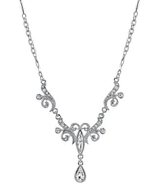 2028 Silver-Tone Crystal Teardrop Necklace 15" Adjustable