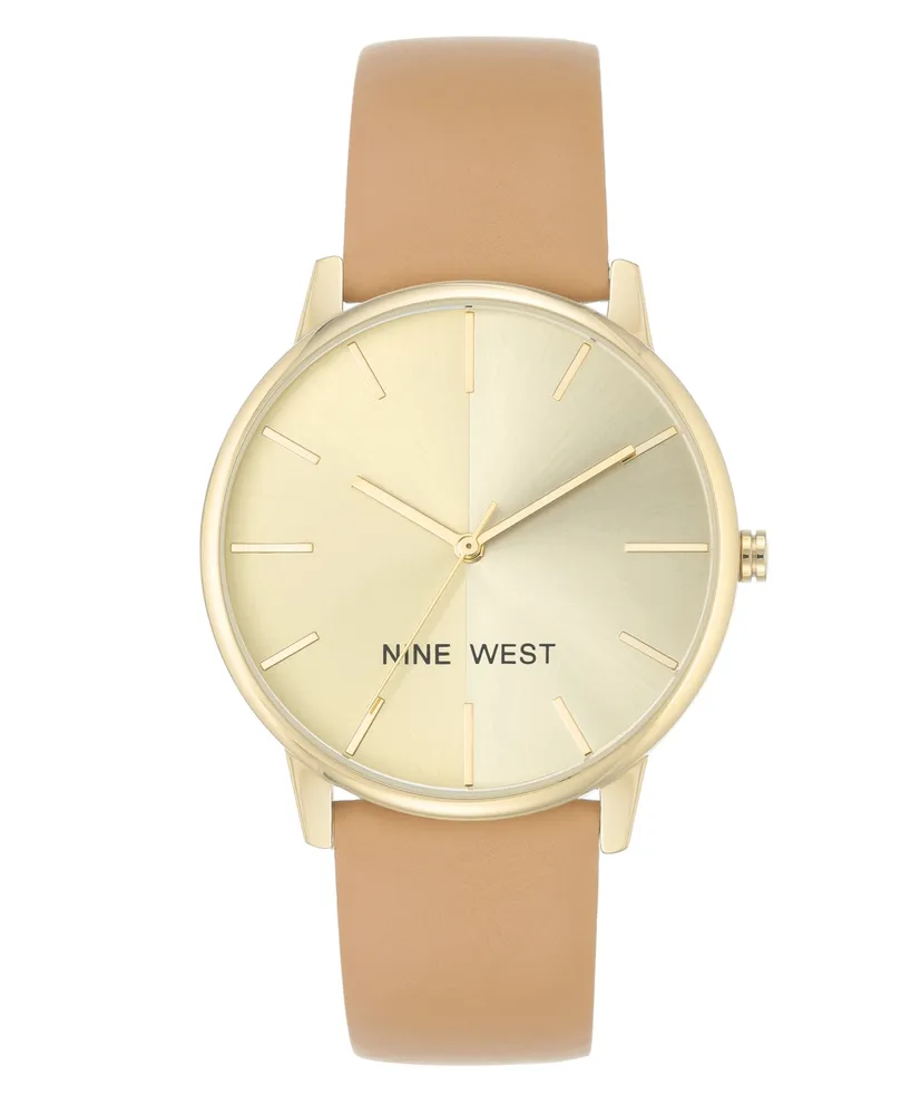 Nine West Women's Quartz Light Brown Faux Leather Band Watch, 40mm - Brown, Gold