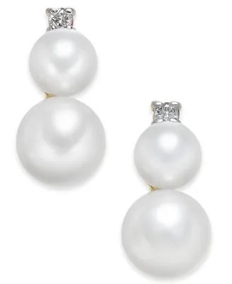 Cultured Freshwater Pearl (5mm & 7mm) & Diamond Accent Stud Earrings in 14k Gold