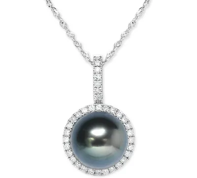 Cultured Tahitian Pearl (9mm) & Diamond (1/5 ct. t.w.) 18" Pendant Necklace in 14k White Gold