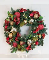 Village Lighting 30" Lighted Christmas Wreath, Scarlet Hydrangea