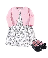 Hudson Baby Baby Girls Hudson Cotton Dress, Cardigan and Shoe 3pc Set, Toile, 0-3 Months