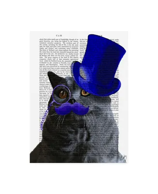 Fab Funky Grey Cat with Blue Top Hat and Blue Moustache Canvas Art