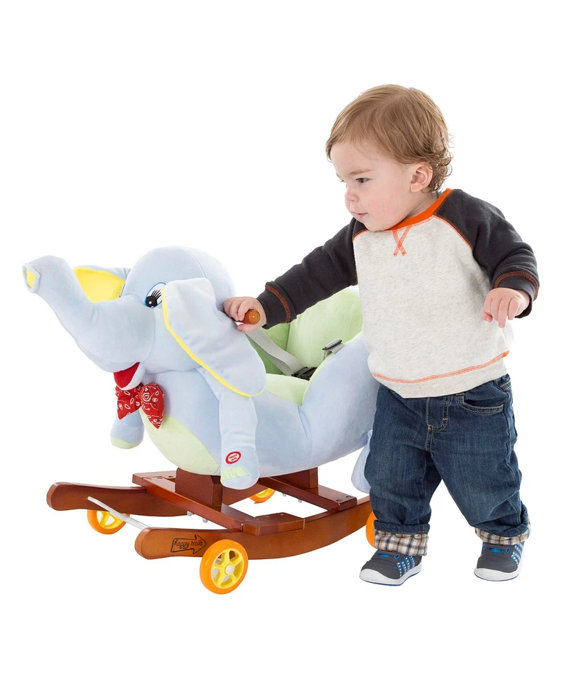 Happy Trails Rocking Horse Plush Animal Elephant 2-in-1 Wooden Rockers Wheels