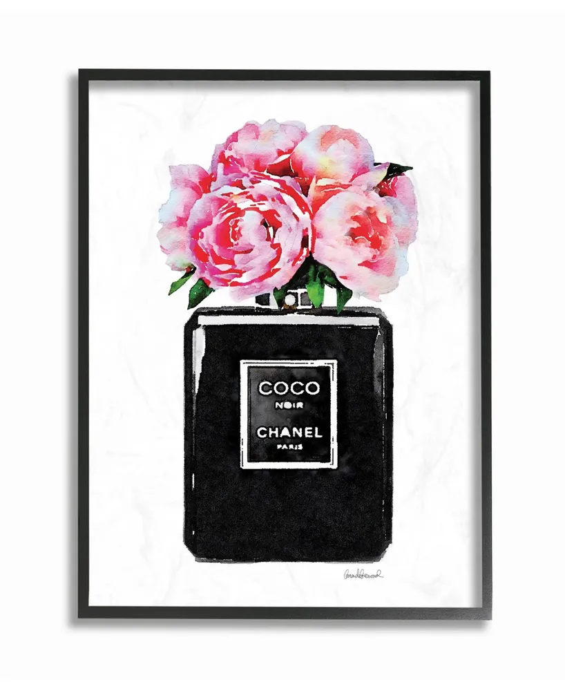 Stupell Industries Glam Perfume Bottle Flower Black Peony Pink Framed Giclee Art