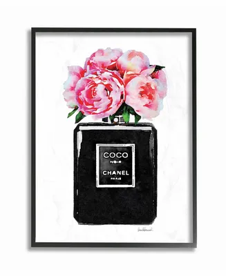 Stupell Industries Glam Perfume Bottle Flower Black Peony Pink Framed Giclee Art