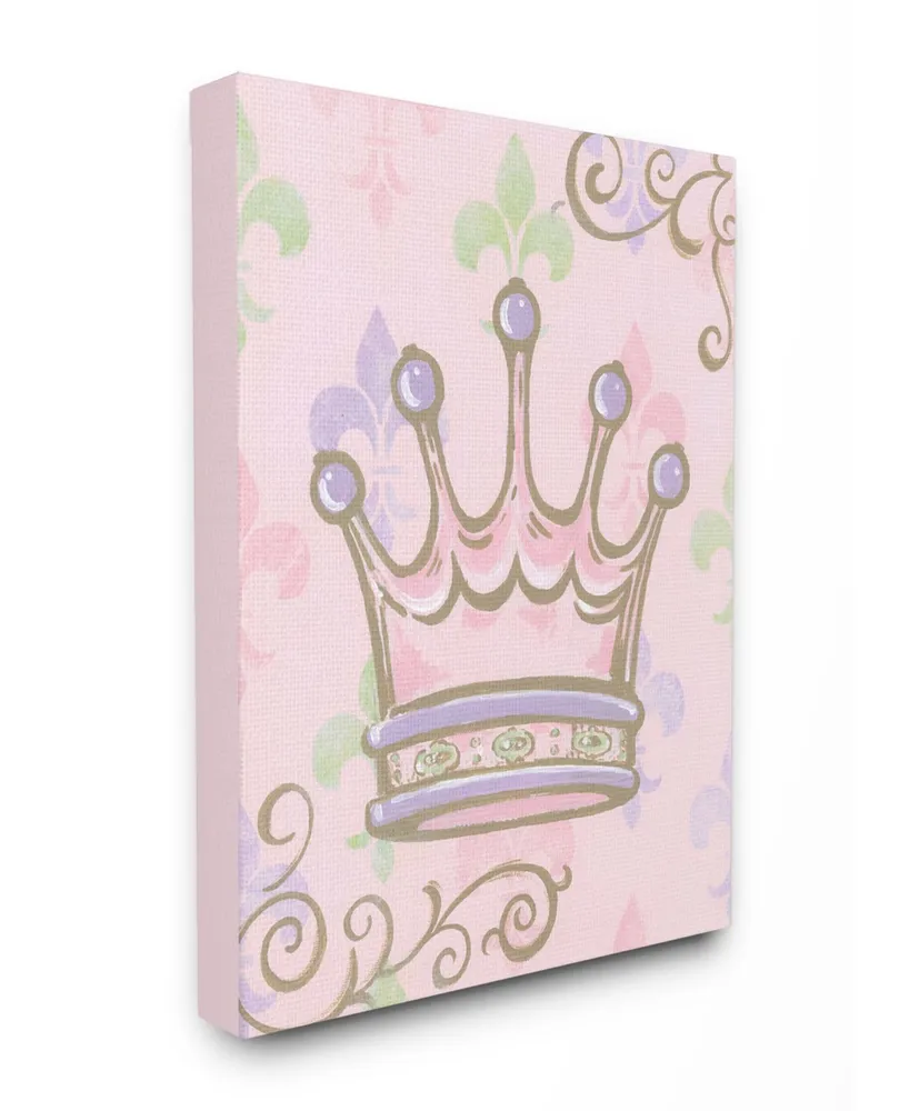 Stupell Industries The Kids Room Crown with Fleur de Lis on Pink Background Canvas Wall Art, 16" x 20"
