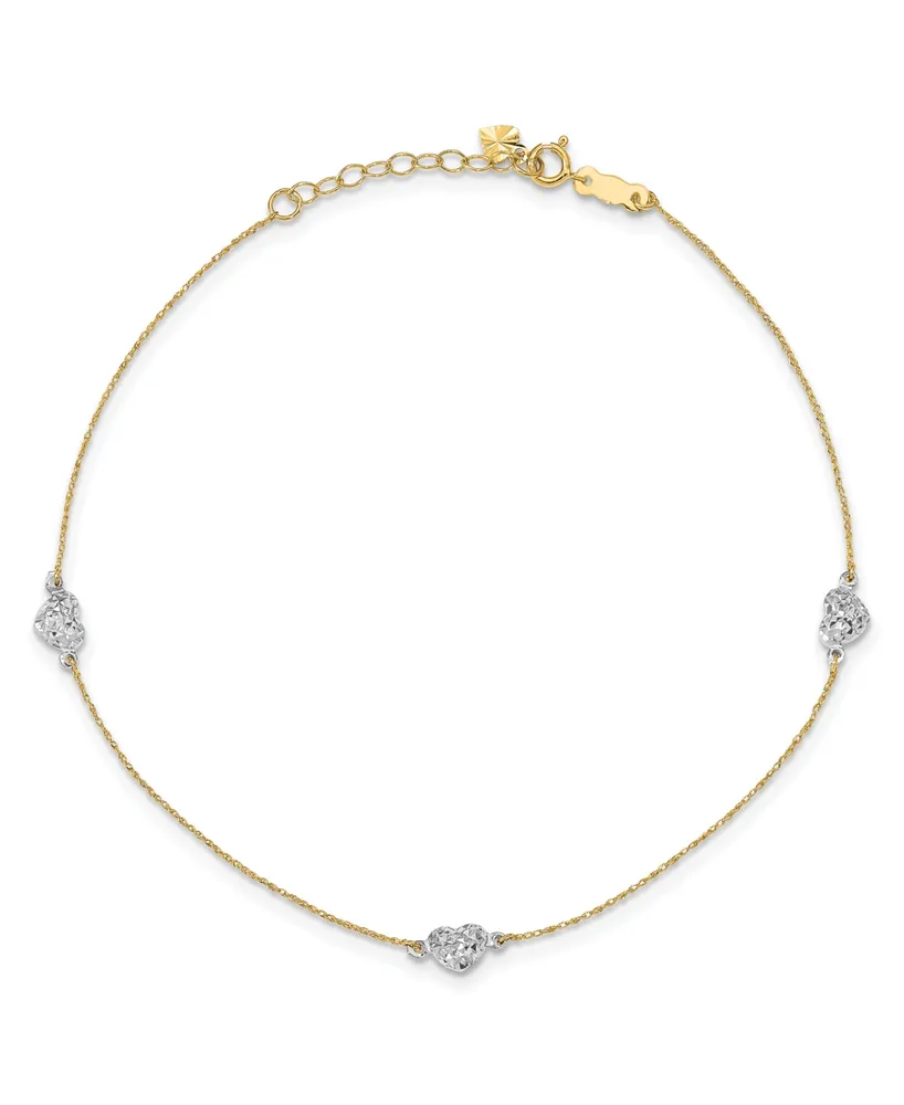 Puff Heart Anklet with 1" Anklet in 14k Yellow and White Gold