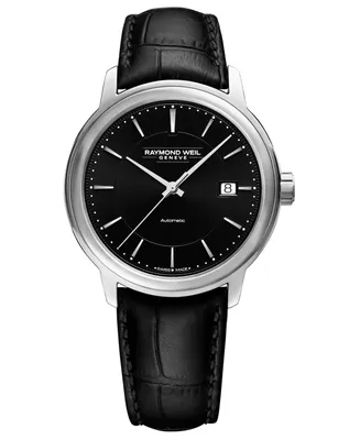 Raymond Weil Men's Swiss Automatic Maestro Black Leather Strap Watch 40mm