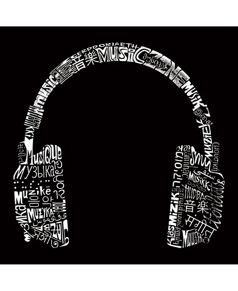 La Pop Art Men's Word Long Sleeve T-Shirt- Headphones - Music Different Languages