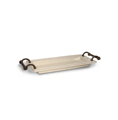 The Gg Collection 21.5-Inch Long Cream Ceramic Tray with Provencial Styled Braided Metal Handles