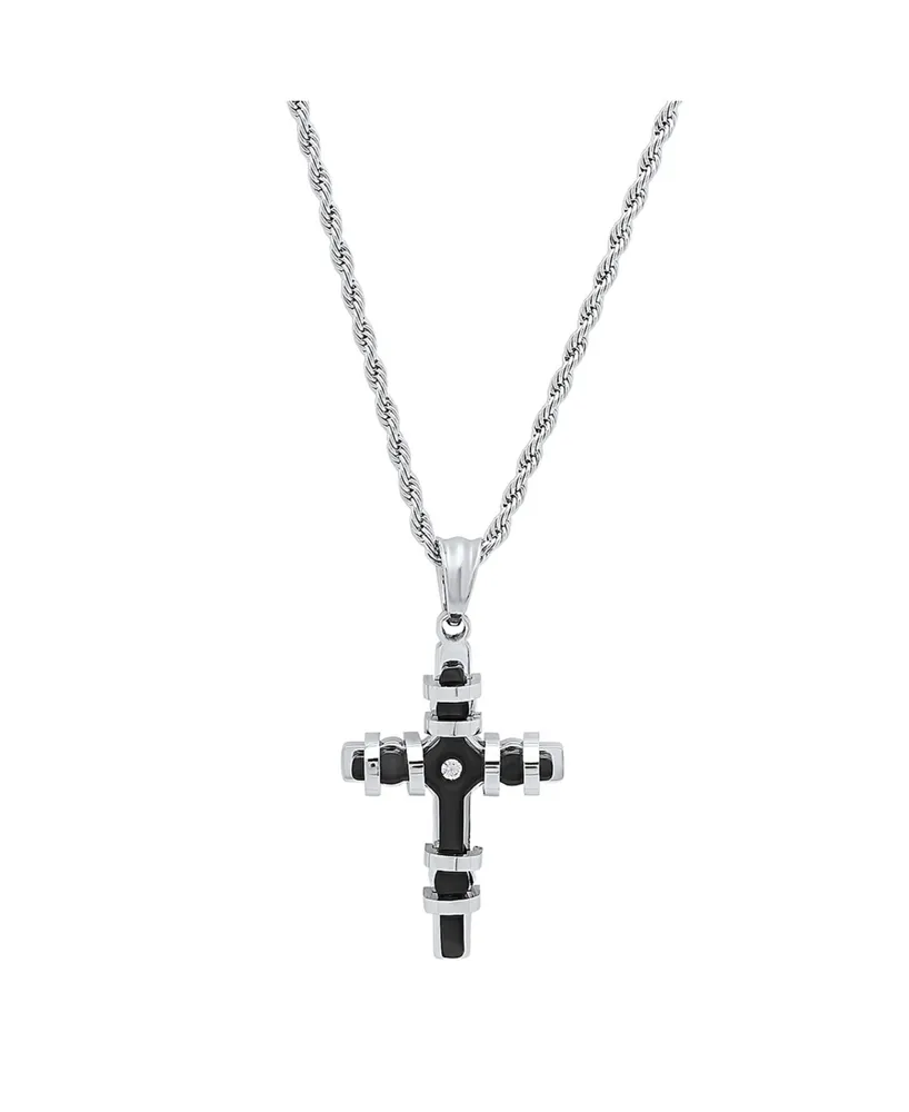 Steeltime Men's Two Toned black Ip Plated Stainless Steel Cross Pendant with Simulated Diamond Necklaces