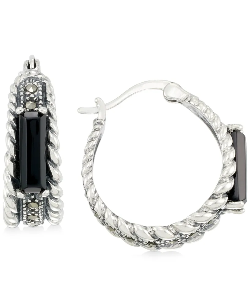 Onyx (3-1/2 x 9-1/2mm) & Marcasite Hoop Earrings in Sterling Silver