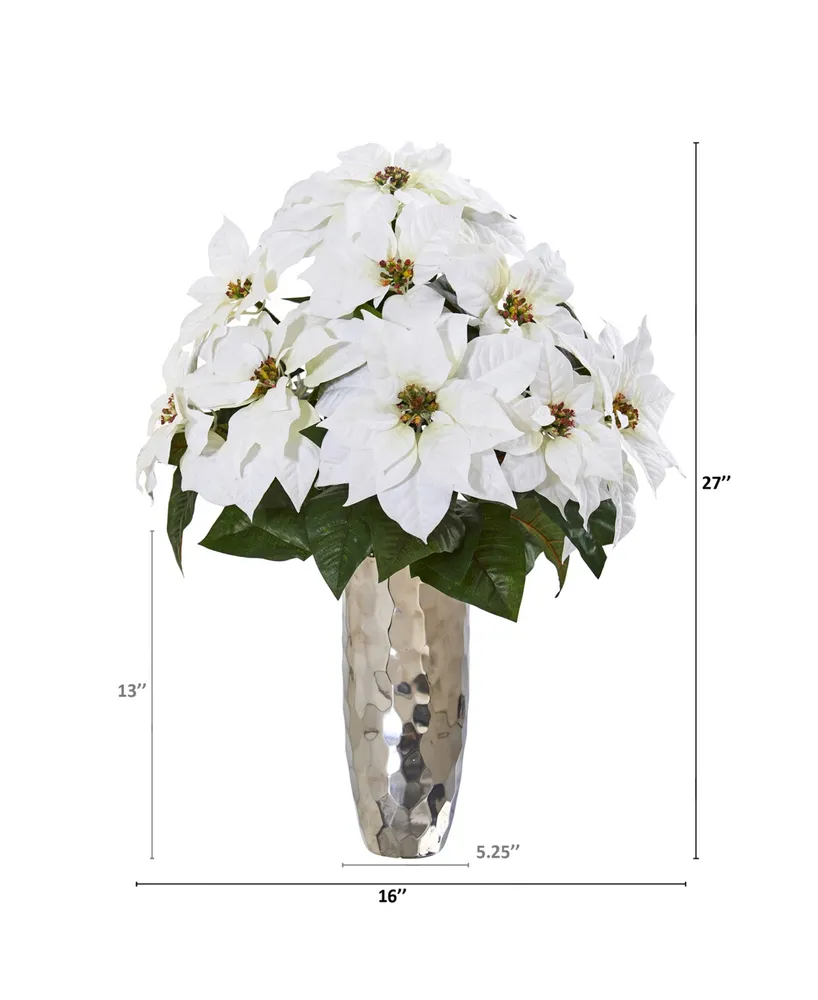 Nearly Natural Poinsettia Artificial Arrangement in Silver Cylinder Vase