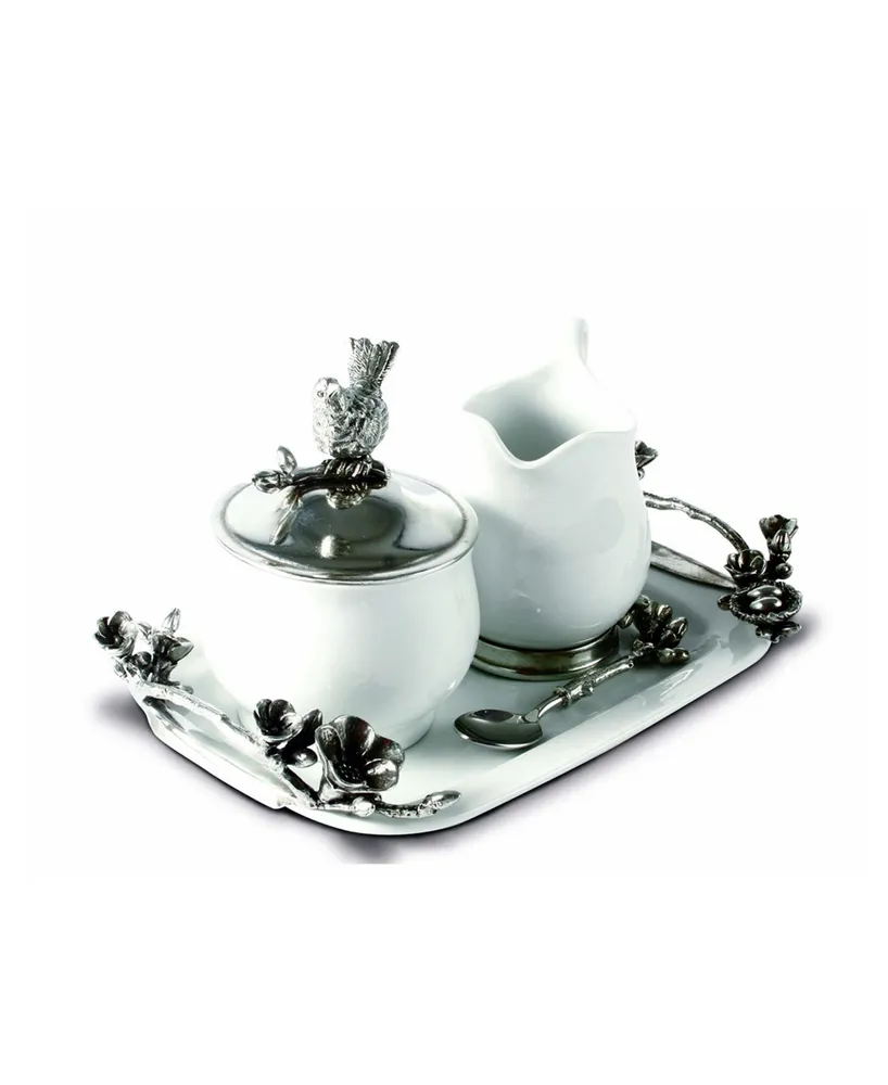 Vagabond House Stoneware Creamer Set - Pewter Song Bird Long Tray with Creamer, Sugar Bowl and Spoon