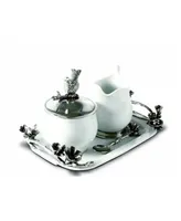 Vagabond House Stoneware Creamer Set - Pewter Song Bird Long Tray with Creamer, Sugar Bowl and Spoon