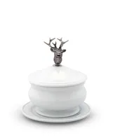 Vagabond House Lidded Porcelain Soup, Sauce, Gravy Bowl with Solid Pewter Elk Head Handle, Knob