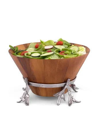 Arthur Court Acacia Wood Salad Bowl in Metal Stand, Sand-Cast Aluminum Stand in Olive Pattern
