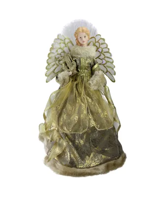 Northlight 16" Lighted Fiber Optic Angel in Metallic Gold Gown with Harp Christmas Tree Topper