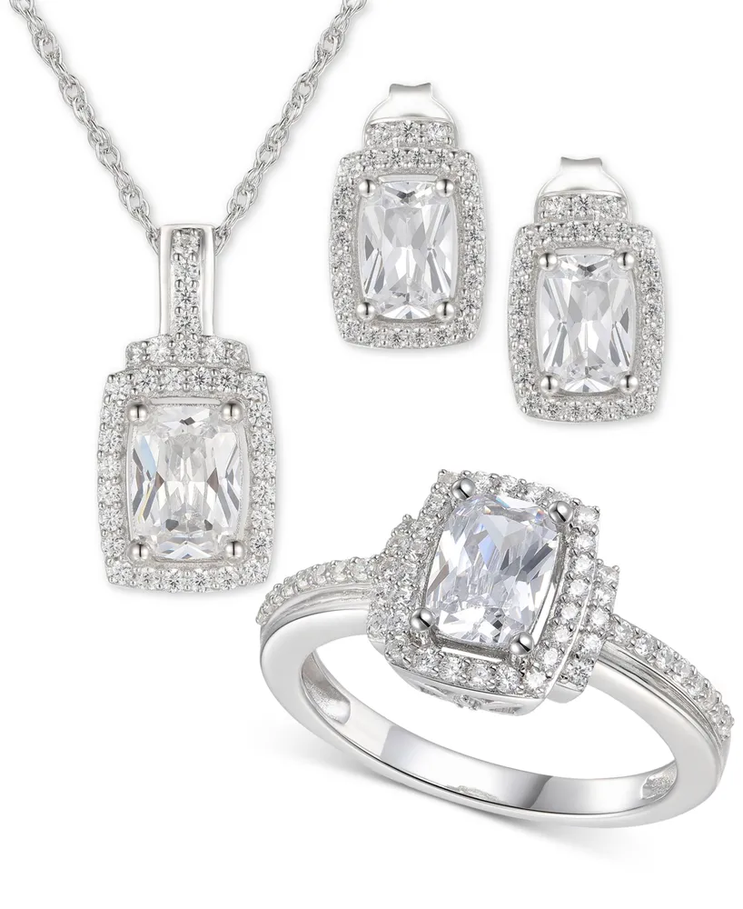 3-Pc. Set Cubic Zirconia Halo Pendant Necklace, Drop Earrings and Ring in Sterling Silver