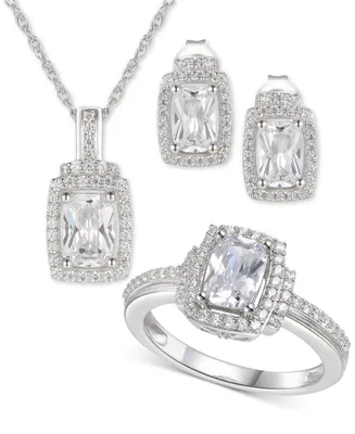 3-Pc. Set Cubic Zirconia Halo Pendant Necklace, Drop Earrings and Ring in Sterling Silver