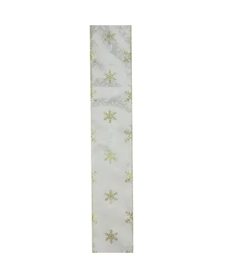 Northlight Twinkling Gold Snowflake Printed White Wired Christmas Craft Ribbon 2.5" x 10 Yards