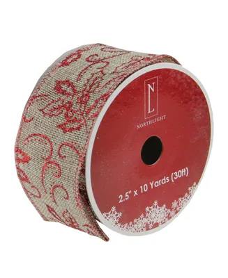 Northlight Holly Red and Beige Burlap Wired Christmas Craft Ribbon 2.5" x 10 Yards
