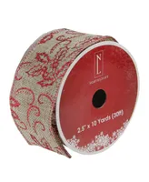 Northlight Holly Red and Beige Burlap Wired Christmas Craft Ribbon 2.5" x 10 Yards