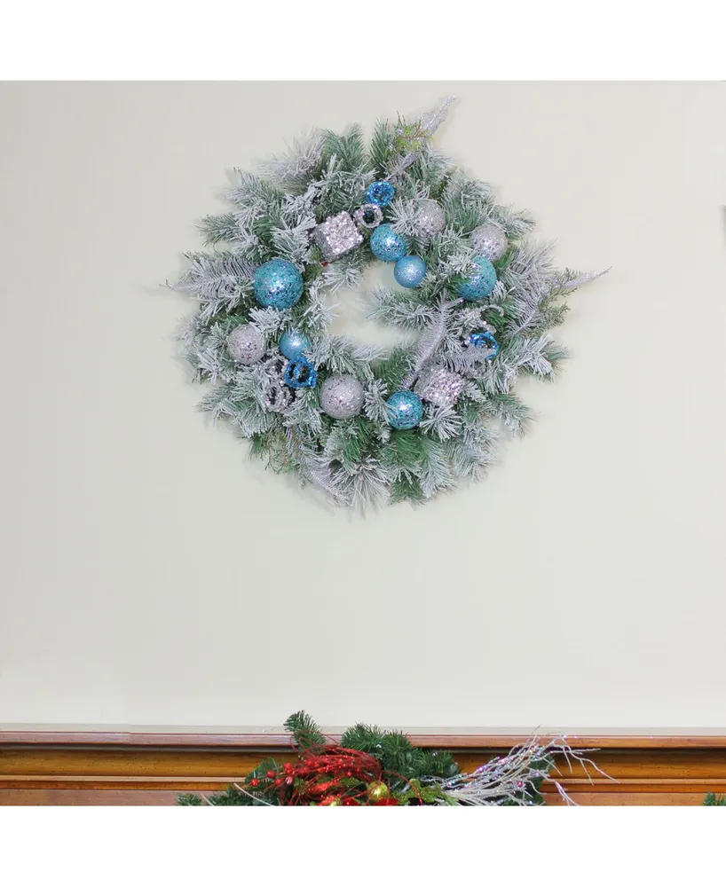 Northlight 24" Blue and Silver Sequin Ornaments Artificial Flocked Pine Christmas Wreath - Unlit