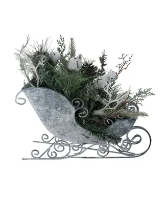 Northlight 9.5" Frosted Christmas Pinecone Bell and Foliage Filled Tabletop Sleigh