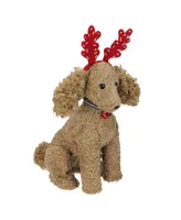 Northlight 14.5" Plush Tan Bichon FrisA Puppy Dog with Red Antlers Christmas Decoration