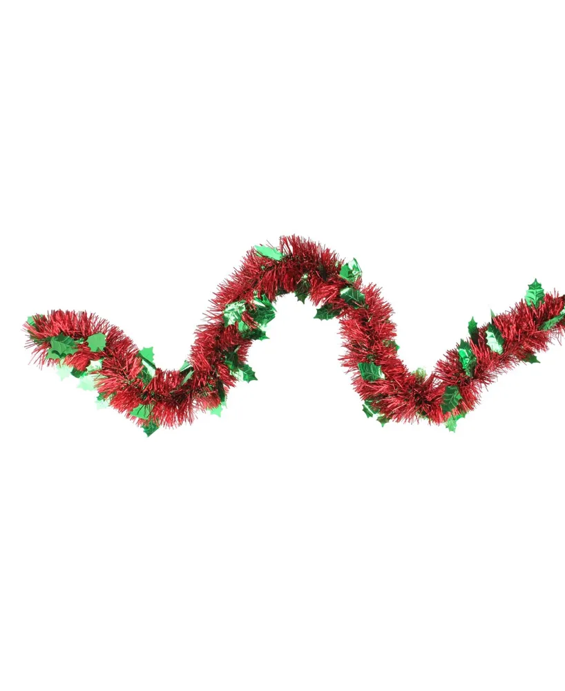 Northlight 12' Shiny Red Christmas Tinsel Garland with Green Holly Leaves - Unlit