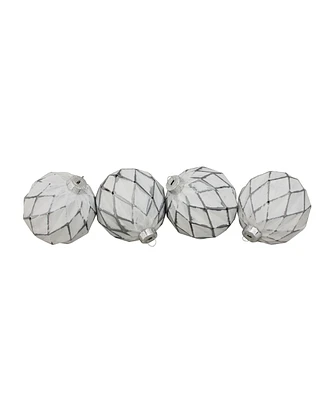 Northlight 4ct White and Gray Diamond Pattern Christmas Glass Ball Ornaments 4" 100mm