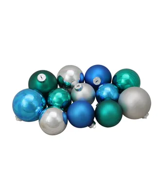 Northlight 72ct Turquoise Blue and Silver Shiny and Matte Glass Ball Christmas Ornaments 3.25-4"