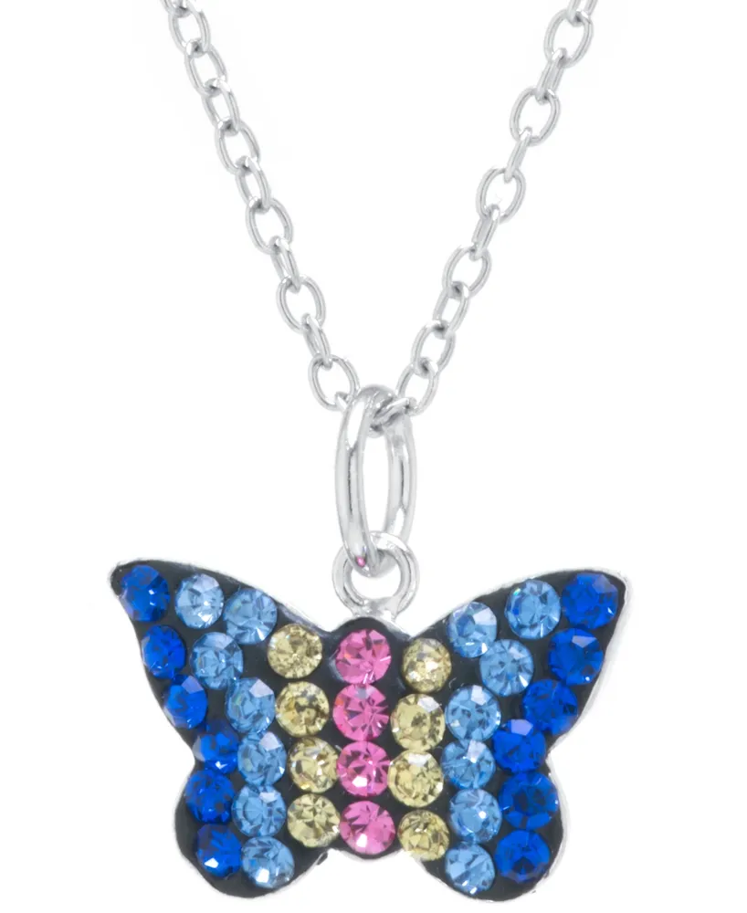 Multicolor Pave Crystal Butterfly Pendant With 18" Chain set in Sterling Silver