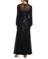 R & M Richards Sequined Blouson-Sleeve Gown