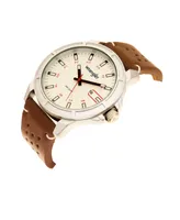 Wrangler Men's, 48MM Silver Case with White Dial, White Index Markers, Sand Satin Dial, Analog, Date Function , Red Second Hand, Brown Strap with Whit