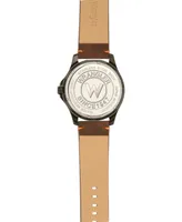 Wrangler Men's Watch, 48MM Ip Black Case, Brown Zoned Dial with White Markers and Crescent Cutout Date Function, Brown Strap with Red Accent Stitch An