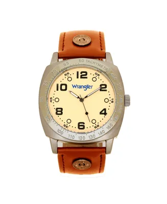 Wrangler Men's Watch, 44MM Ip Grey Cushion Shaped Case, Beige Dial with Black Arabic Numerals, Brown Strap Rivets, Second Hand