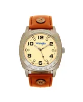 Wrangler Men's Watch, 44MM Ip Grey Cushion Shaped Case, Beige Dial with Black Arabic Numerals, Brown Strap Rivets, Second Hand