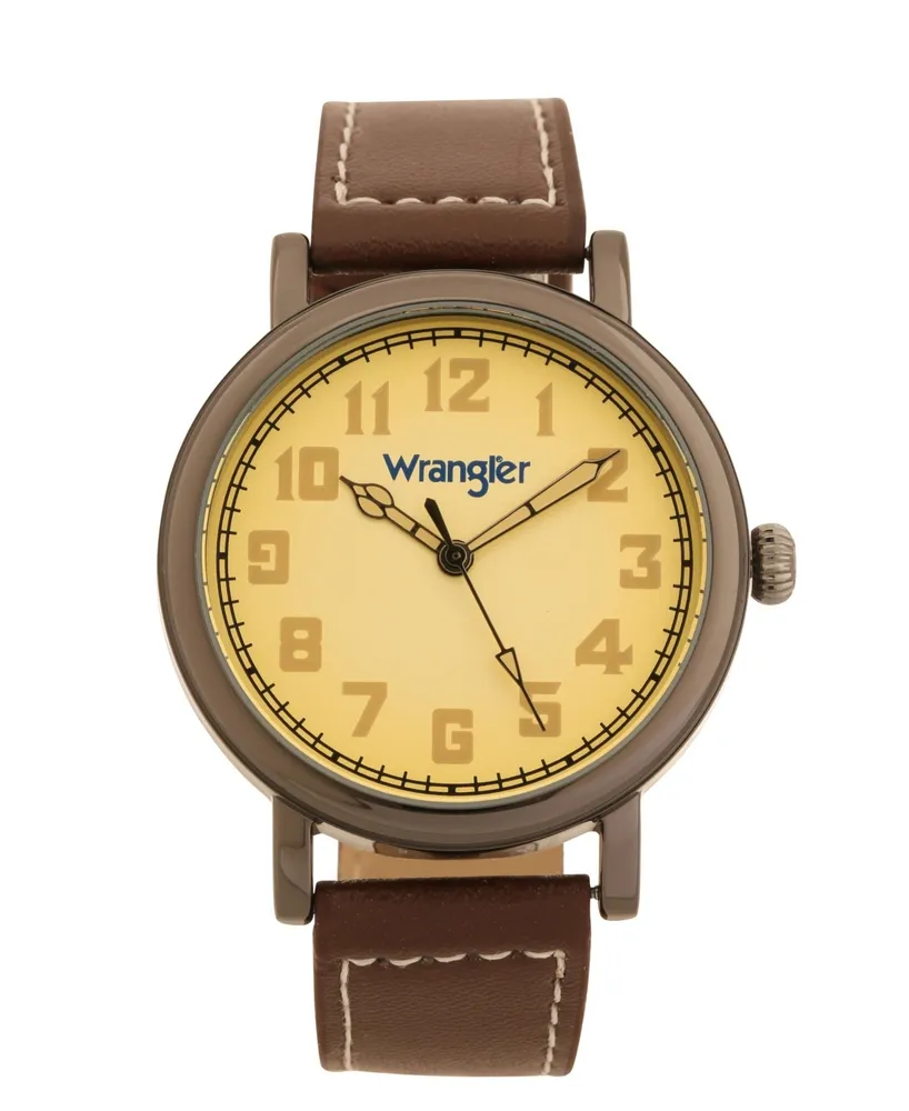 Wrangler Men's Watch, 50MM Antique Grey Case with Beige Dial, White Arabic Numerals, with White Hands, Brown Strap with White Stitching, Over Sized Cr