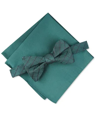 Alfani Men's Grid Pre-Tied Bow Tie & Solid Pocket Square Set, Created for Macy's