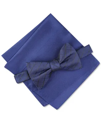 Alfani Men's Grid Pre-Tied Bow Tie & Solid Pocket Square Set, Created for Macy's